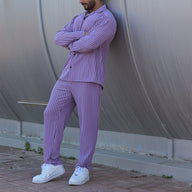Oversize Turkish Style Open Collar Lining Shirt & Trouser Set - Lavender / Purple
