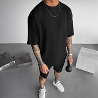 Oversized Quarter Sleeve O Neck T-Shirt & Short Set - Black