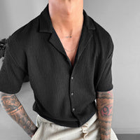 BLACK COTTON CRUSH RELAXED FIT SHORT SLEEVE SHIRT