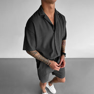 Oversize Pleated Open Collar Shirt & Short Set - Gray