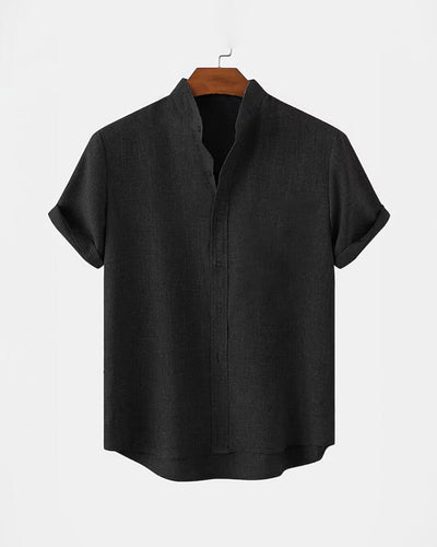 BAN COLLAR LINEN SHIRT - BLACK