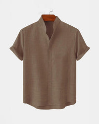 BAN COLLAR LINEN SHIRT - BROWN