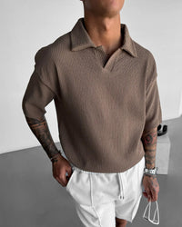 OVERSIZE RIBBED POLO T-SHIRT - BROWN
