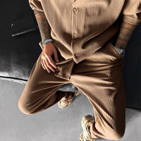 Oversize Pleated Open Collar Shirt & Pants Set - Brown - Zapped