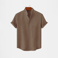BAN COLLAR LINEN SHIRT - BROWN