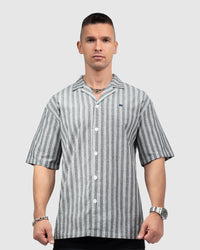 Men’s Grey Cuban Collar Shirt with White Vertical Stripes