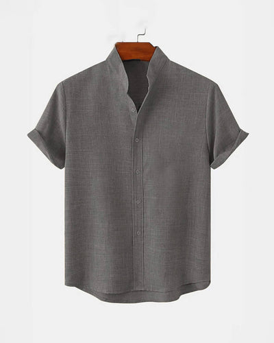 BAN COLLAR LINEN SHIRT - GRAY