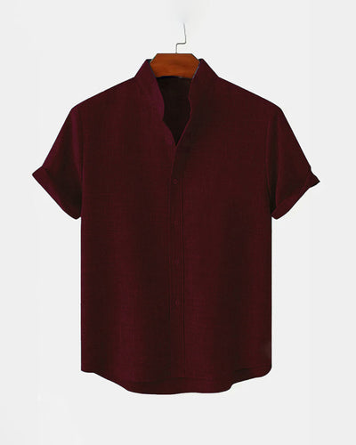 BAN COLLAR LINEN SHIRT - MAROON