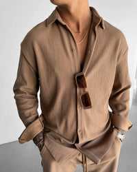 OVERSIZE RIBBED FULL SLEEVES SHIRT - BROWN