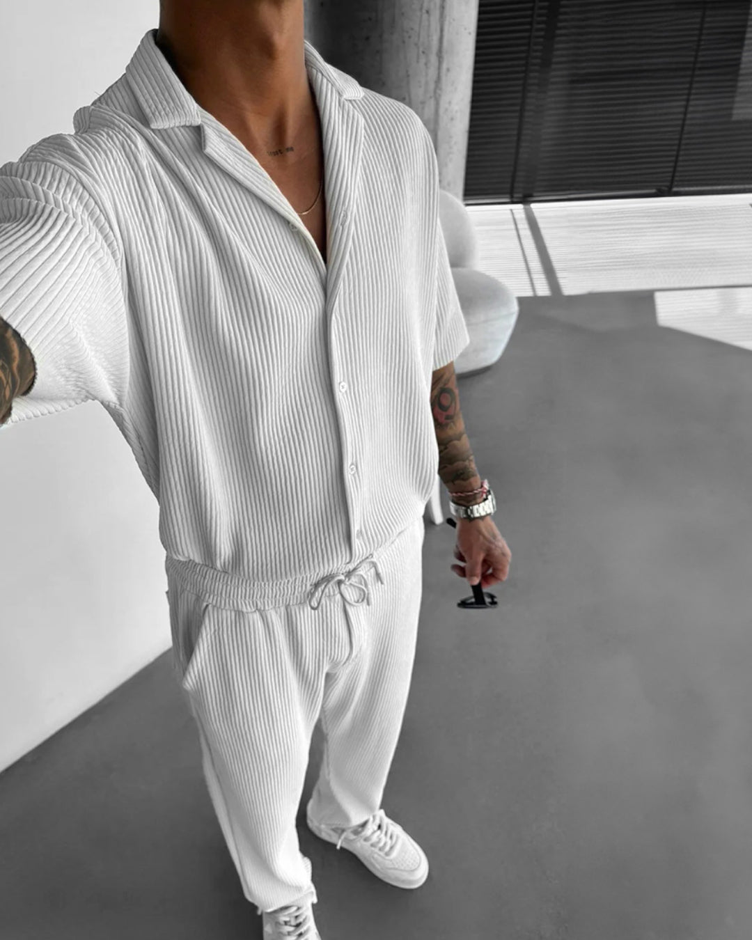 Oversize Pleated Open Collar Shirt & Trouser Set - White – Zapped