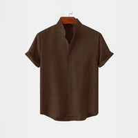 BAN COLLAR FULL LINEN SHIRT - CHOCOLATE BROWN
