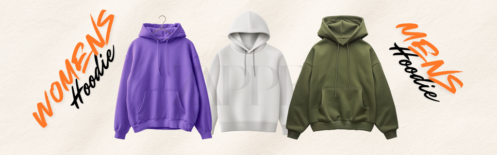 mens and womens hoodies in green, white and purple