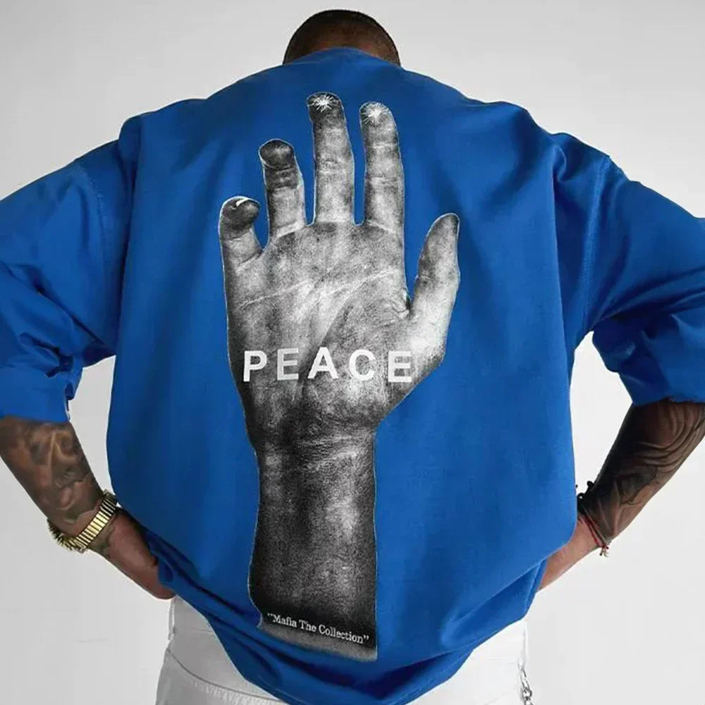 peach hand blue oversized round neck and full sleeve tshirt