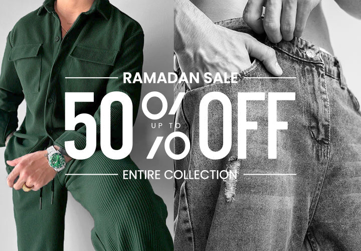 Ramadan sale 50% off men’s fashion collection featuring trousers and denim on discount