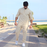 Oversize Full Sleeve HoodieShirt & Trouser Set - Beige