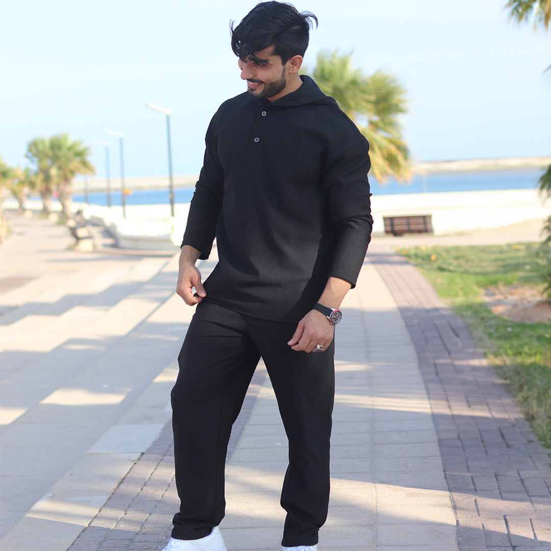 Oversize Full Sleeve HoodieShirt & Trouser Set - Black