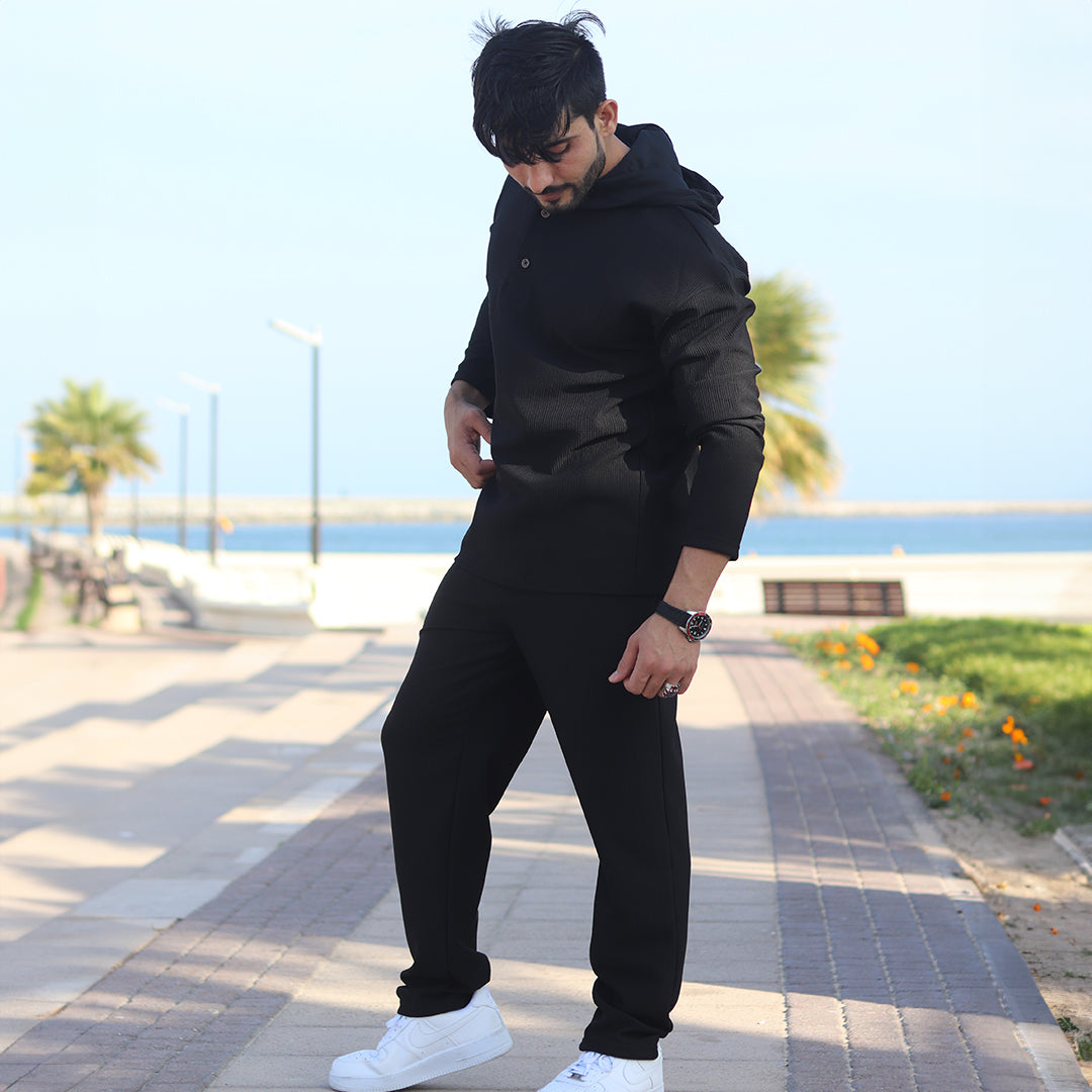 Oversize Full Sleeve HoodieShirt & Trouser Set - Black