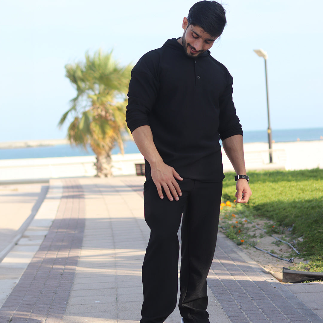 Oversize Full Sleeve HoodieShirt & Trouser Set - Black