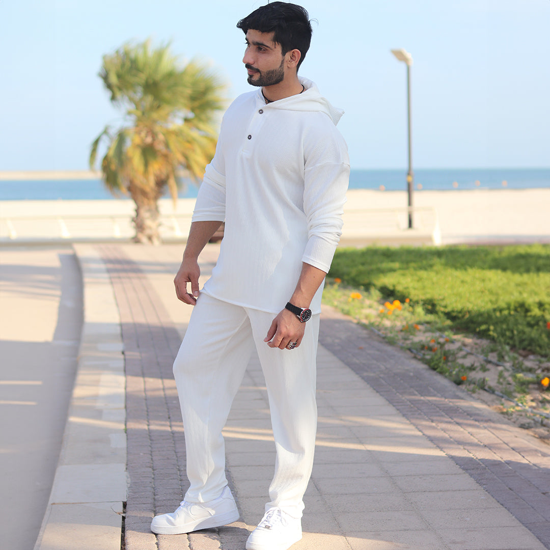 Oversize Full Sleeve HoodieShirt & Trouser Set - White