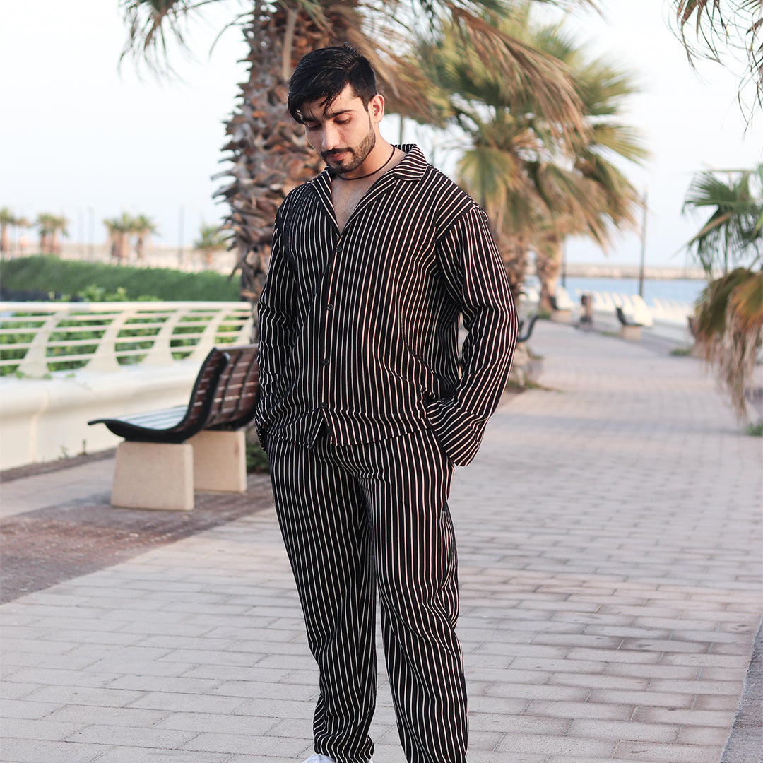 Oversize Turkish Style Open Collar Lining Shirt & Trouser Set - Black