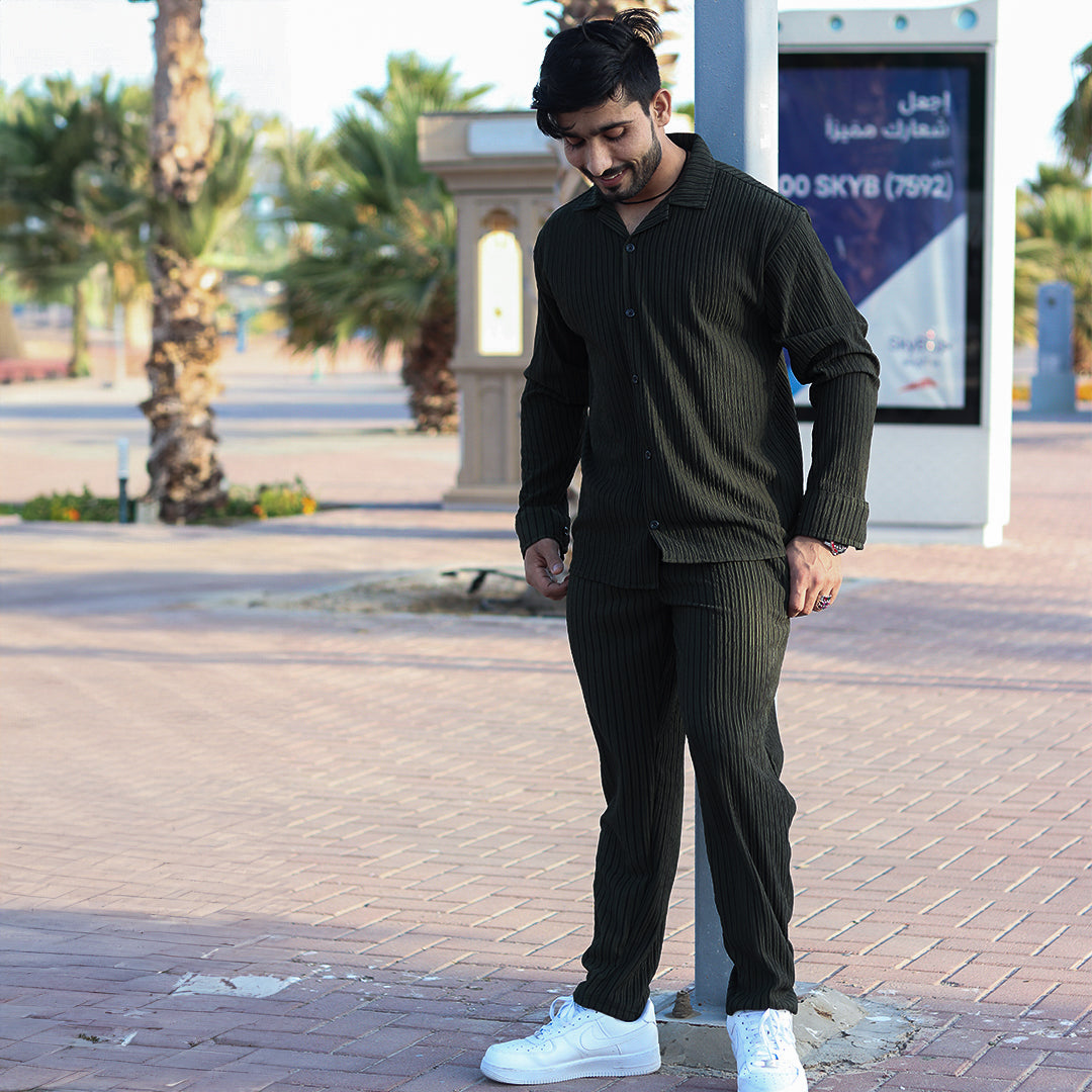 Oversize Turkish Style Open Collar Lining Shirt & Trouser Set - Green