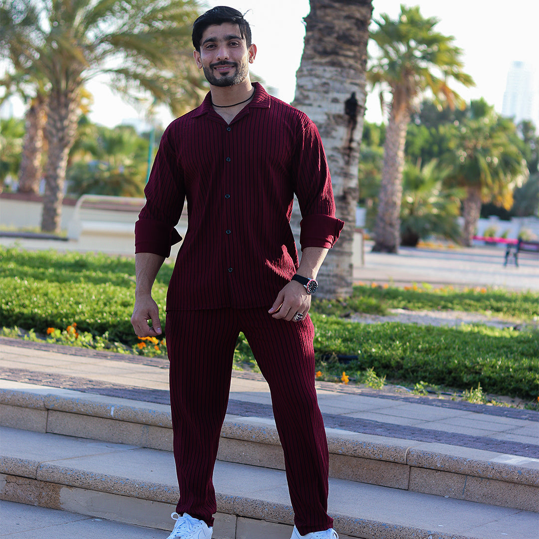 Oversize Turkish Style Open Collar Lining Shirt & Trouser Set - Maroon