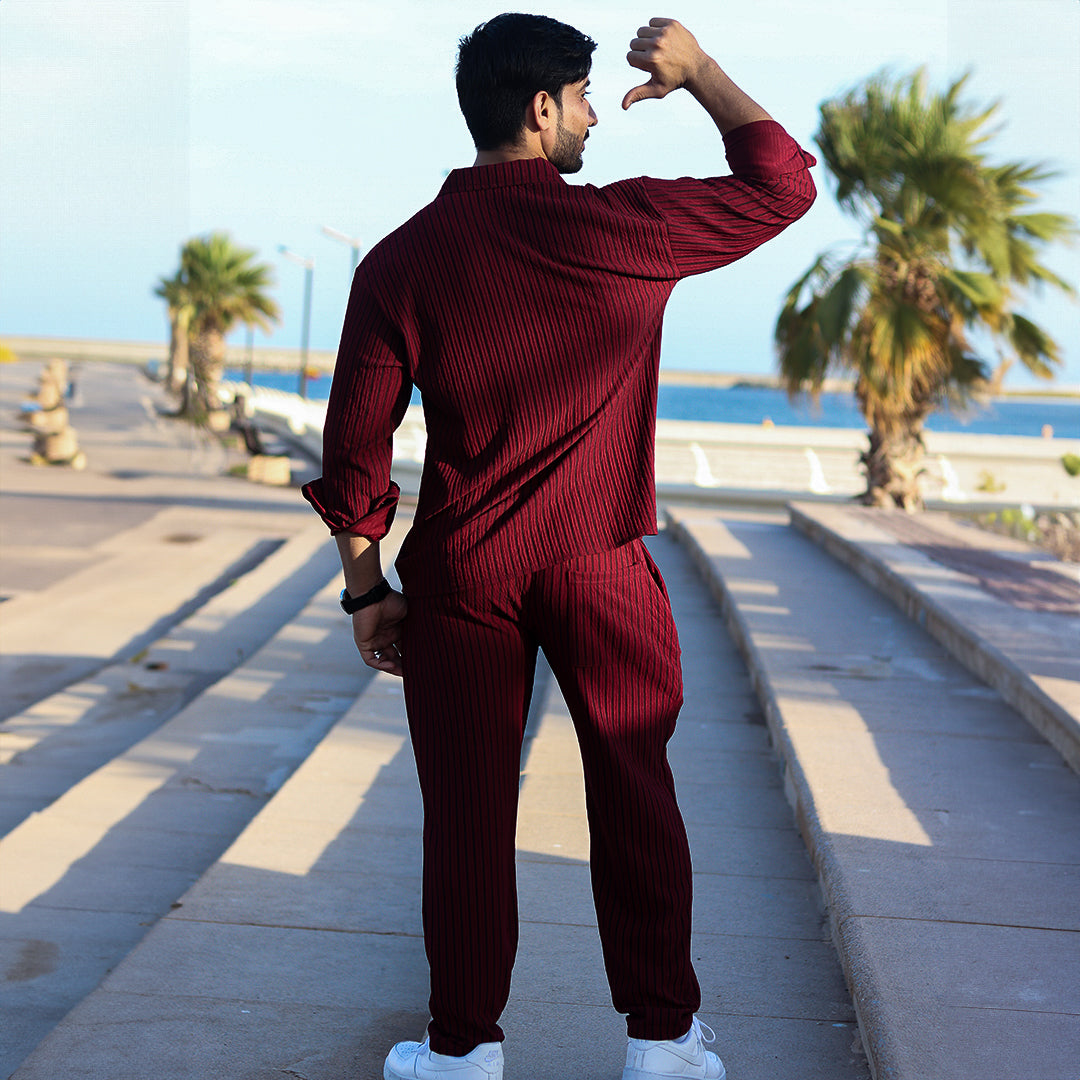 Oversize Turkish Style Open Collar Lining Shirt & Trouser Set - Maroon