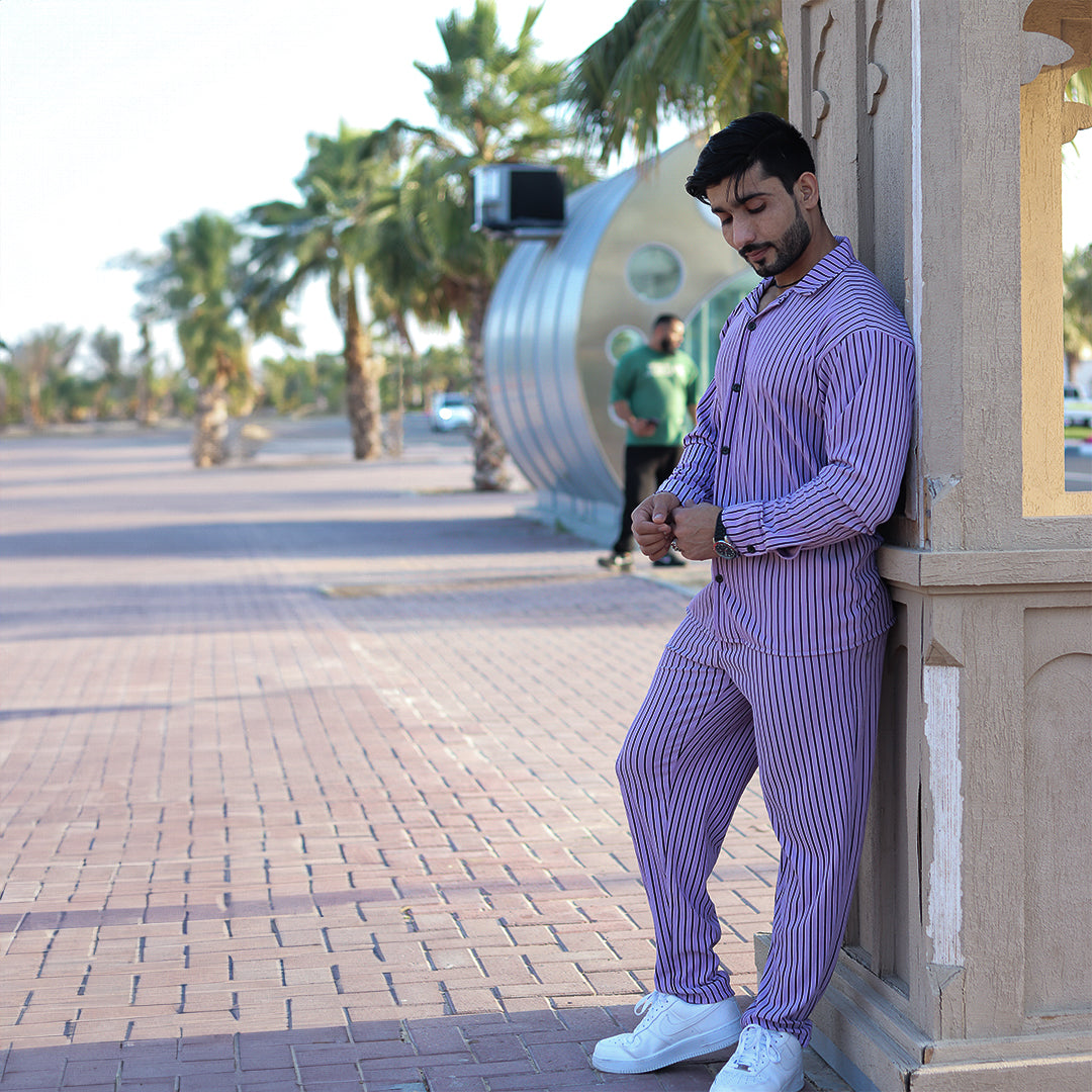 Oversize Turkish Style Open Collar Lining Shirt & Trouser Set - Lavender