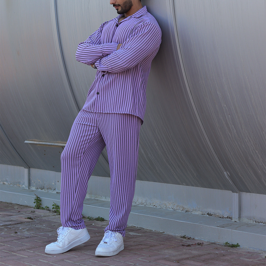 Oversize Turkish Style Open Collar Lining Shirt & Trouser Set - Lavender
