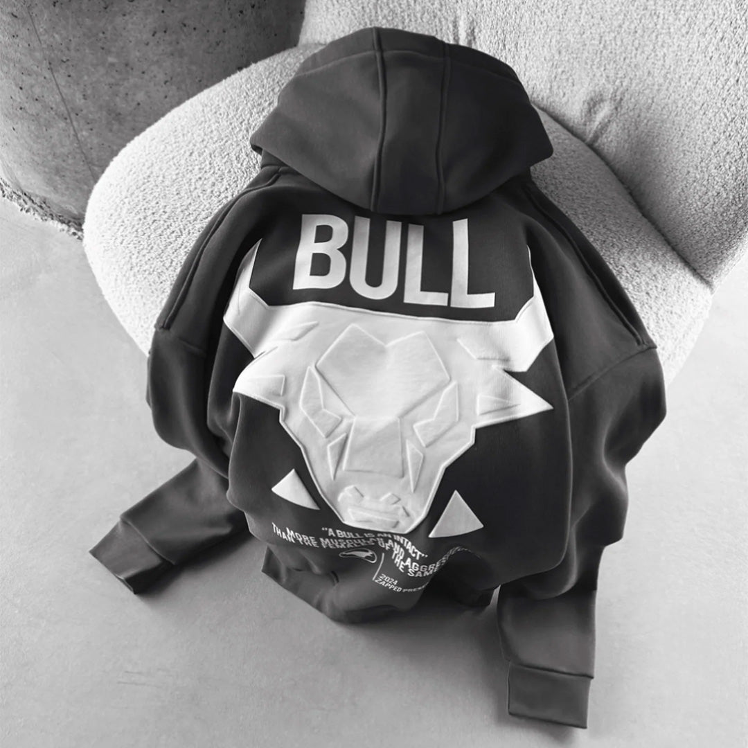 DROP SHOULDER PUFF PRINT BULL HOODIE - GRAY