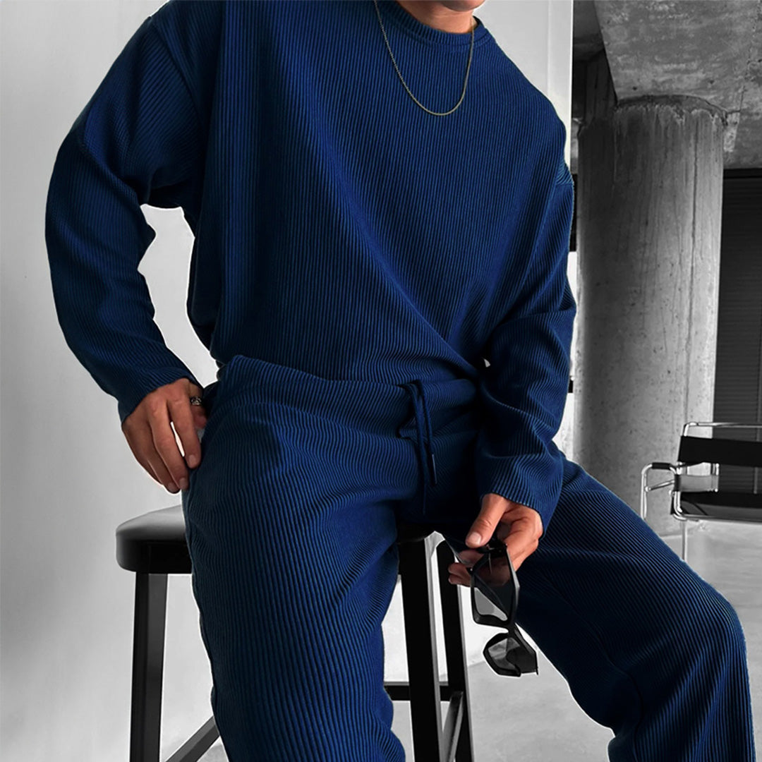 OVERSIZE RIBBED FULL SLEEVES T-SHIRT - NAVY