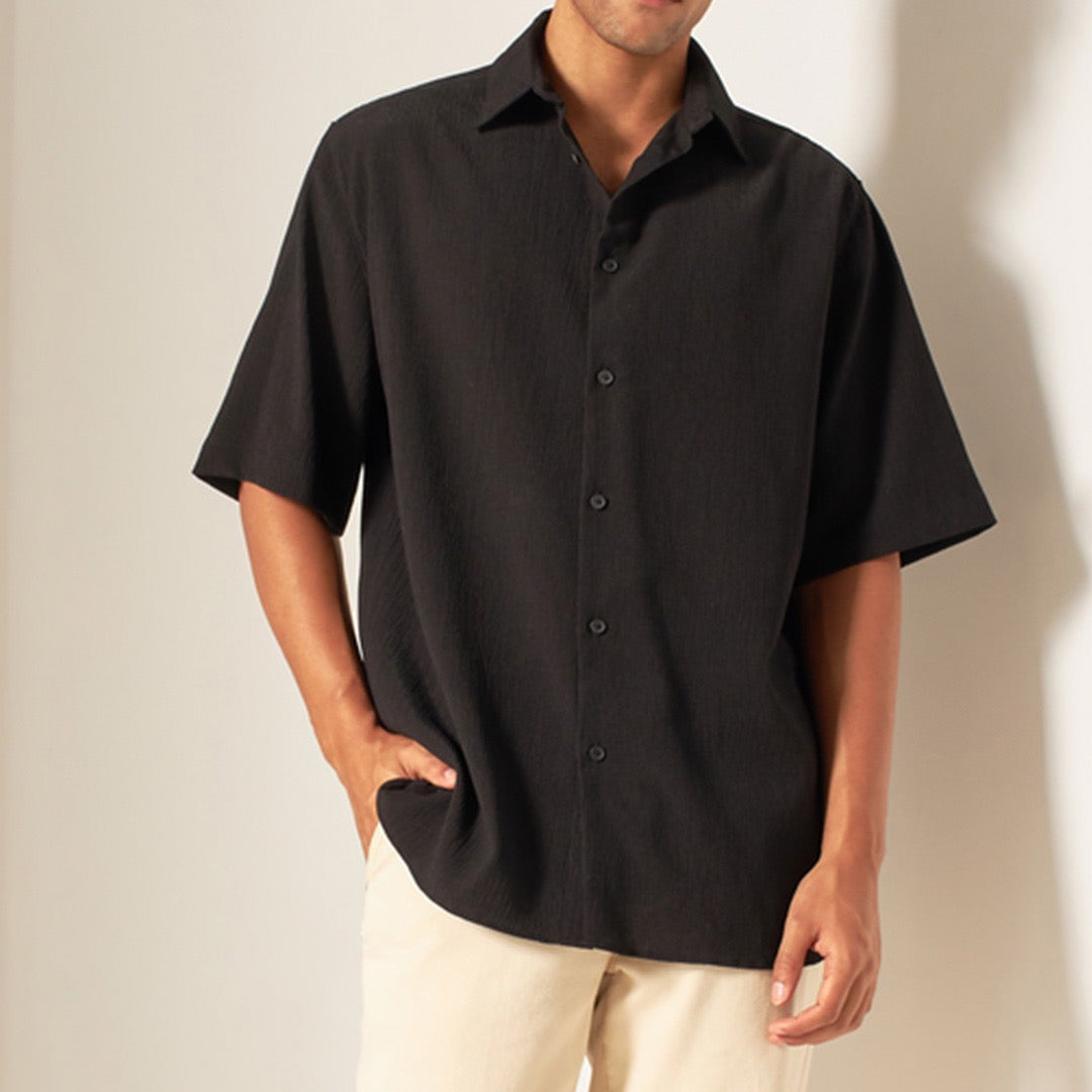 Black half sleeves relaxed fit shirt cotton linen