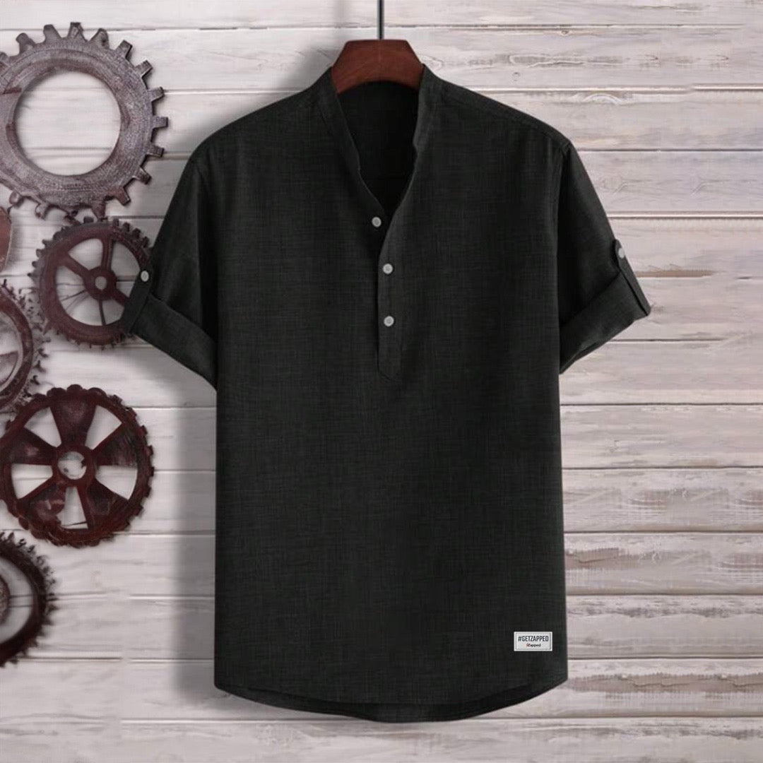 Black Solid Half Button Shirt For Men