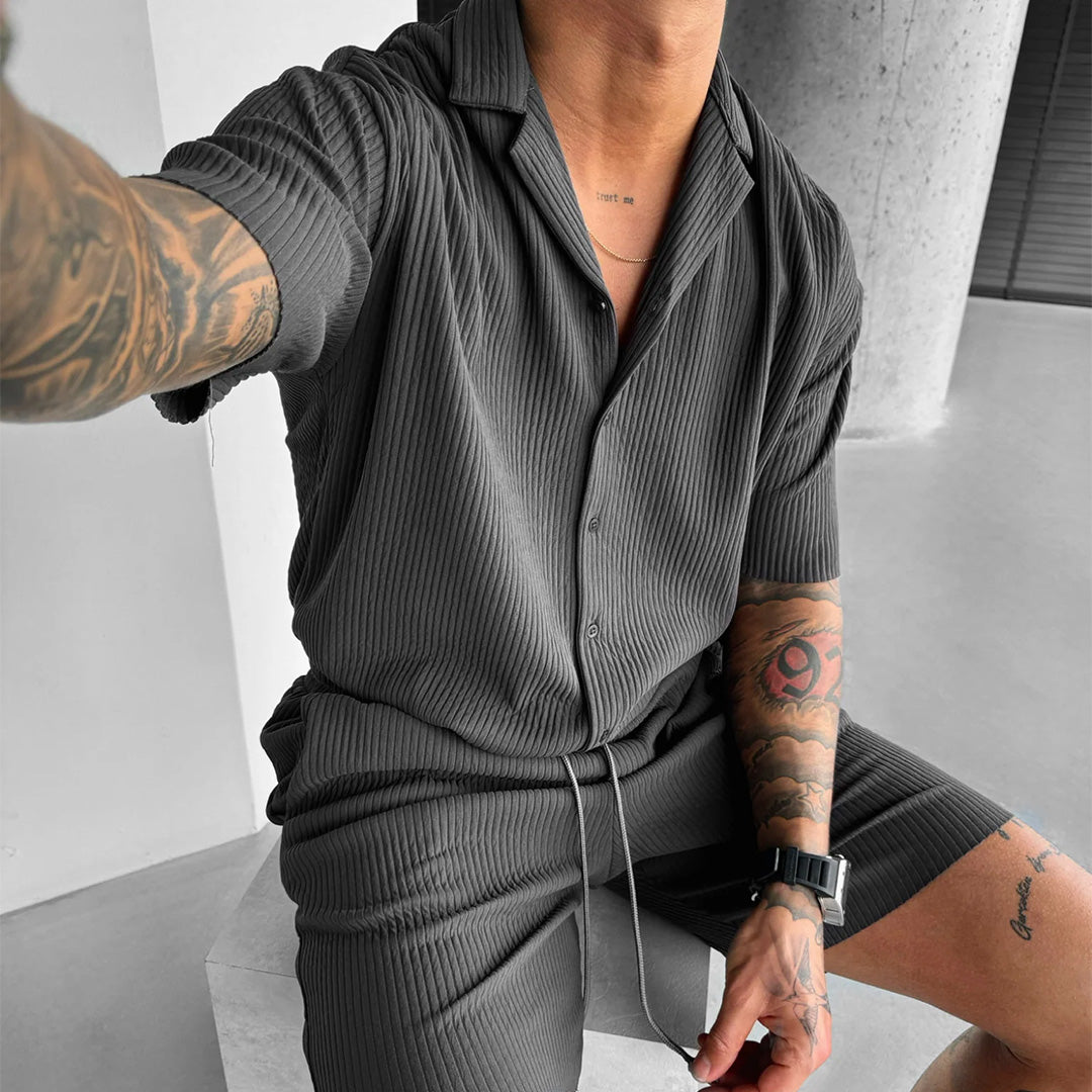 Zapped Oversize Lining Open Collar Shirt & Trouser Set – Black