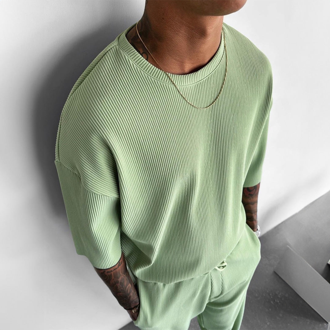 Oversized Quarter Sleeve  O Neck T-Shirt & Trouser Set - Tea green