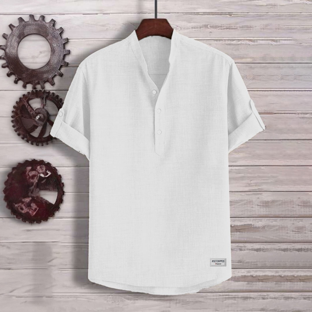 White Solid Half Button Shirt For Men