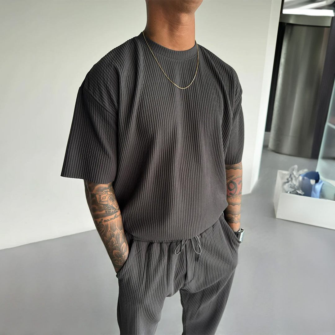 Oversized Quarter Sleeve O Neck T-Shirt & Trouser Set - Anthracite