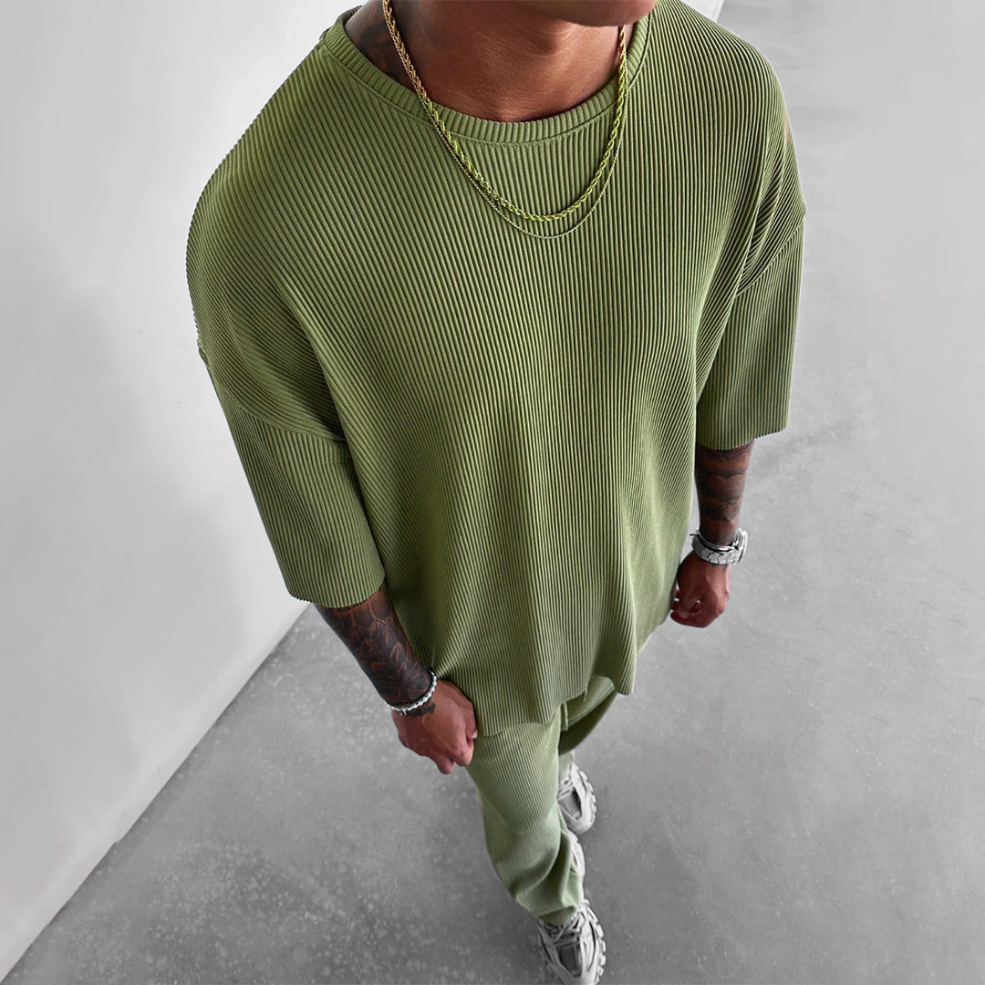 Oversized Quarter Sleeve O Neck T-Shirt & Trouser Set - Pistachio