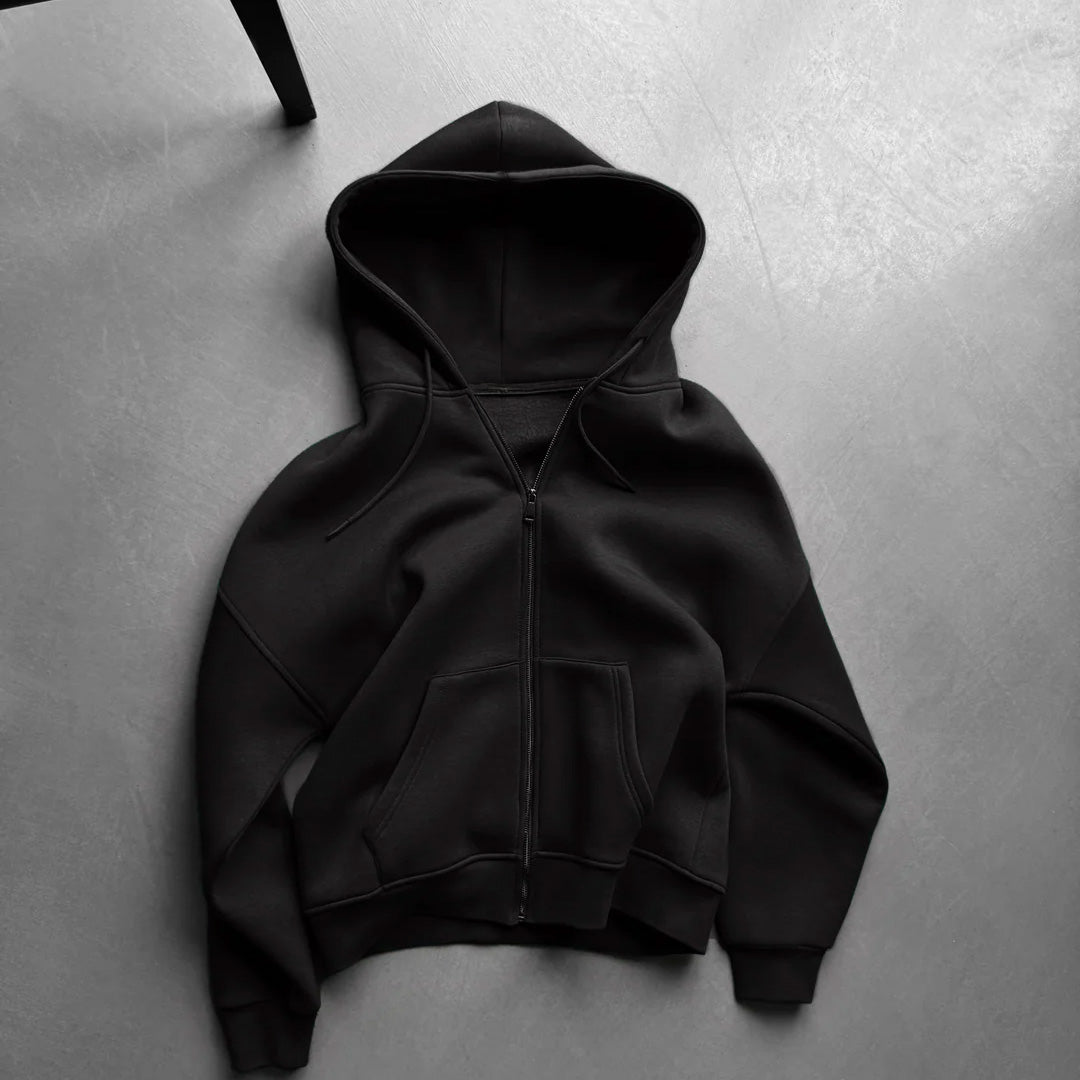 BASIC PLAIN ZIPPER HOODIE UNISEX - BLACK