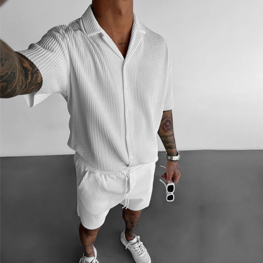 Oversize Pleated Open Collar Shirt & Short Set - White