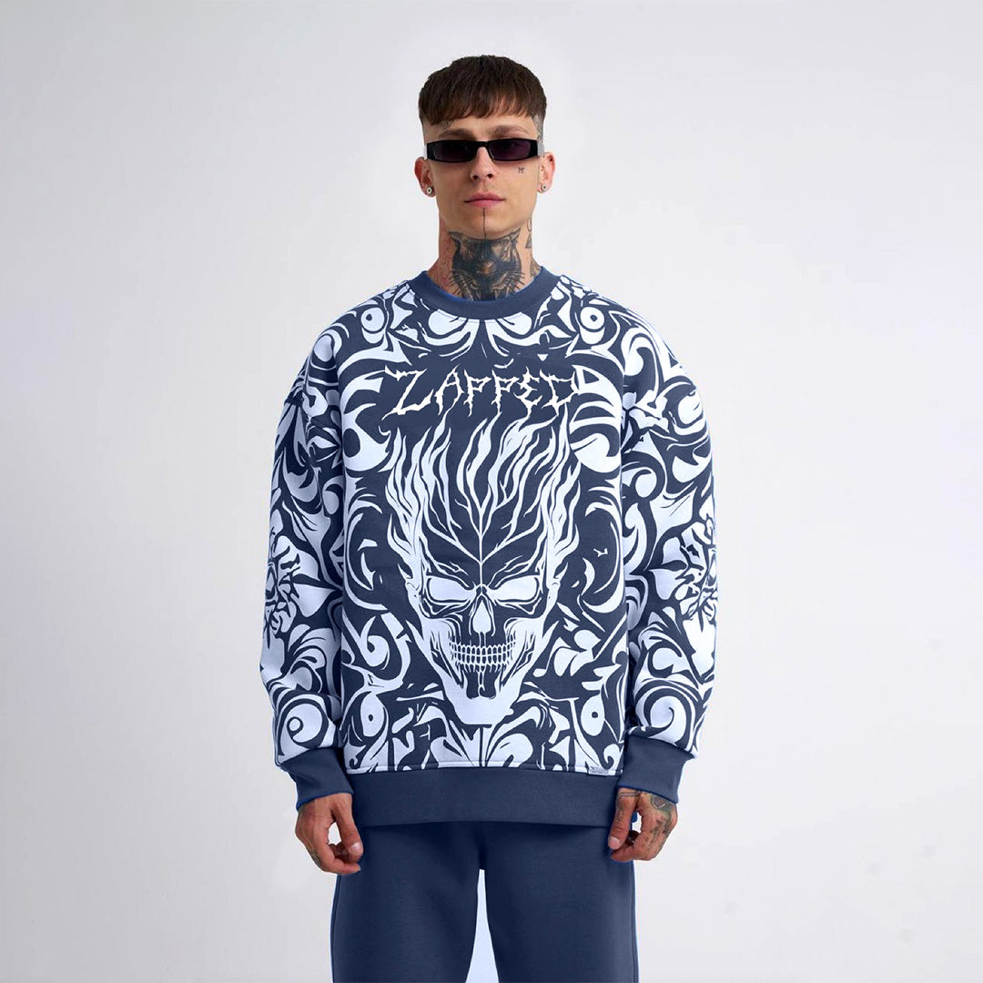Oversize Ethnical Skull Sweatshirt Cord Set - Navy Blue
