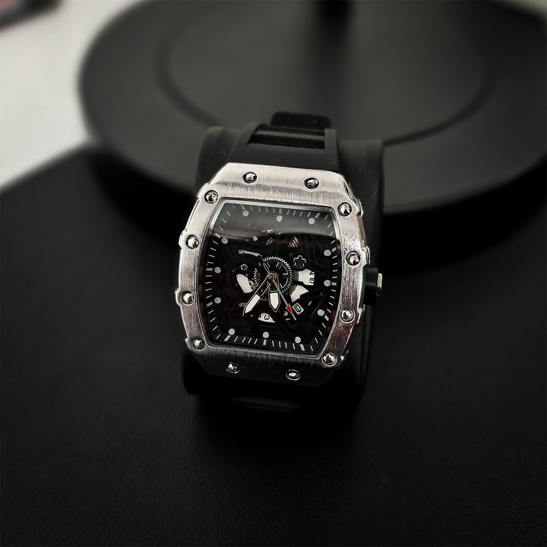 Luxury Quartz Wristwatch Auto Date Silicone Strap - Black