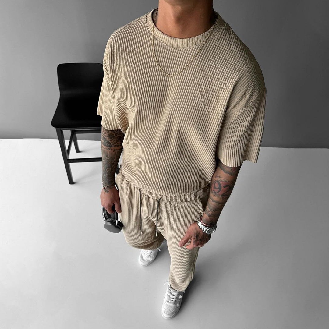 Zapped Oversized quarter sleeve  O Neck T-Shirt & Trouser Set - Beige