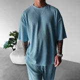 Oversized Quarter Sleeve  O Neck T-Shirt & Trouser Set - Coronet Blue