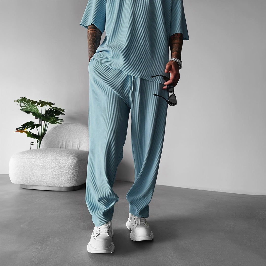 Oversized Quarter Sleeve  O Neck T-Shirt & Trouser Set - Coronet Blue