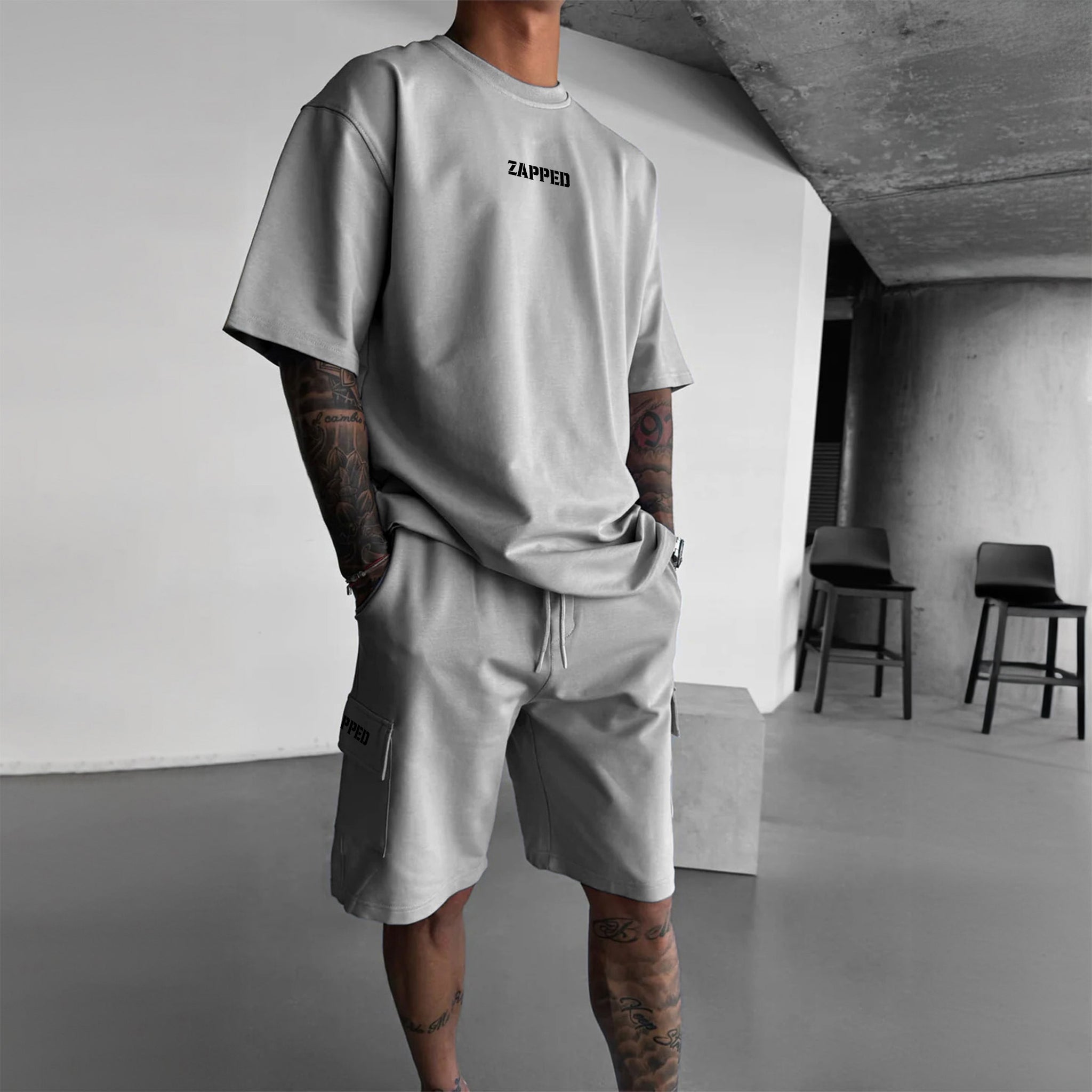 Zapped Oversize T-Shirt & Cargo Short Set - Gray