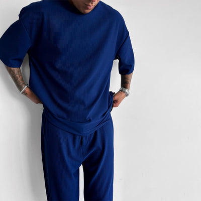 Oversized Quarter Sleeve  O Neck T-Shirt & Trouser Set - Navy Blue