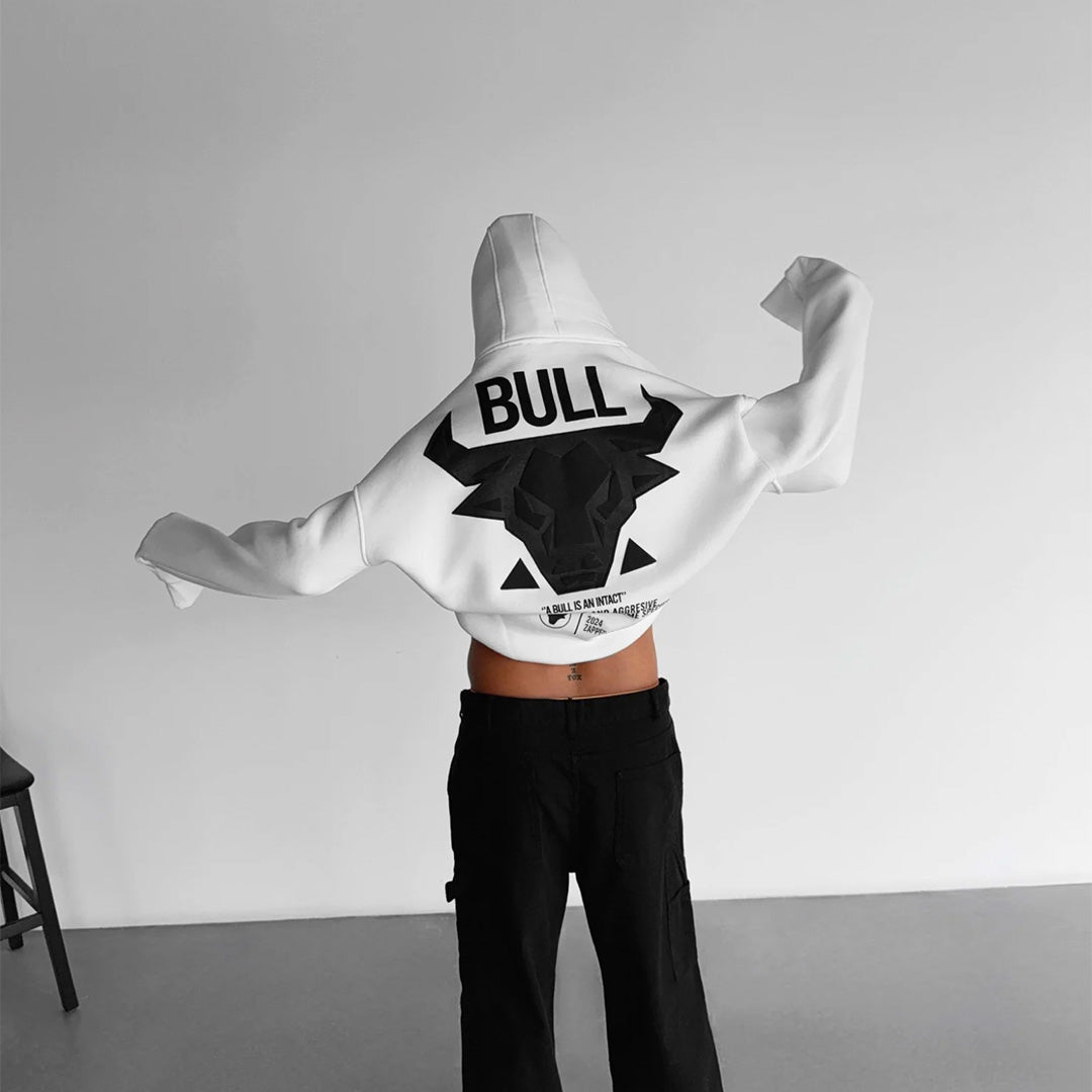 DROP SHOULDER PUFF PRINT BULL HOODIE - WHITE BLACK