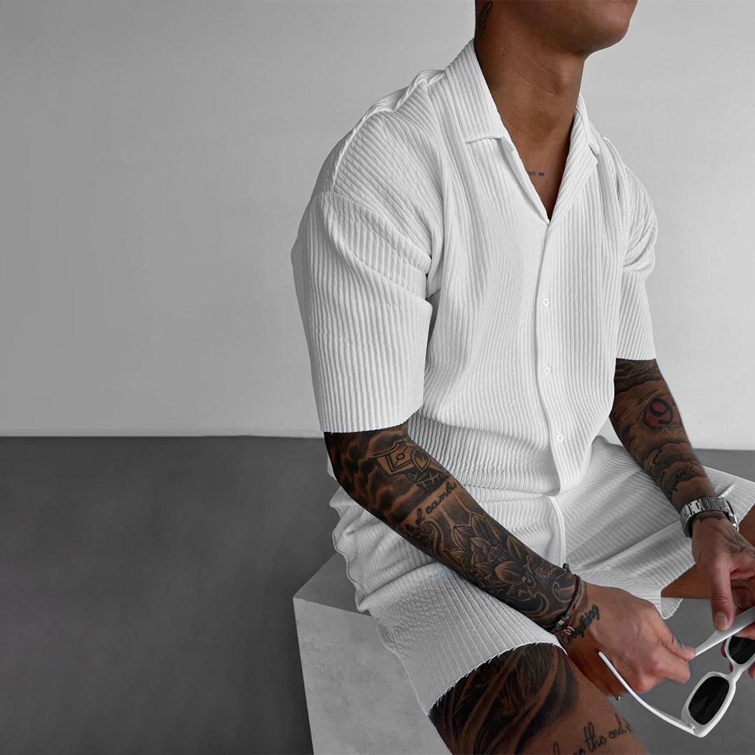 Oversize Pleated Open Collar Shirt & Short Set - White