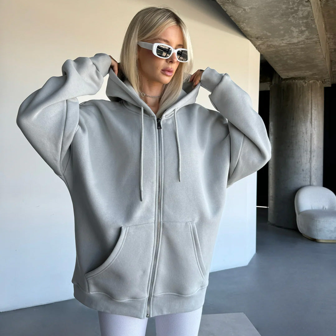 BASIC PLAIN ZIPPER HOODIE UNISEX - GRAY